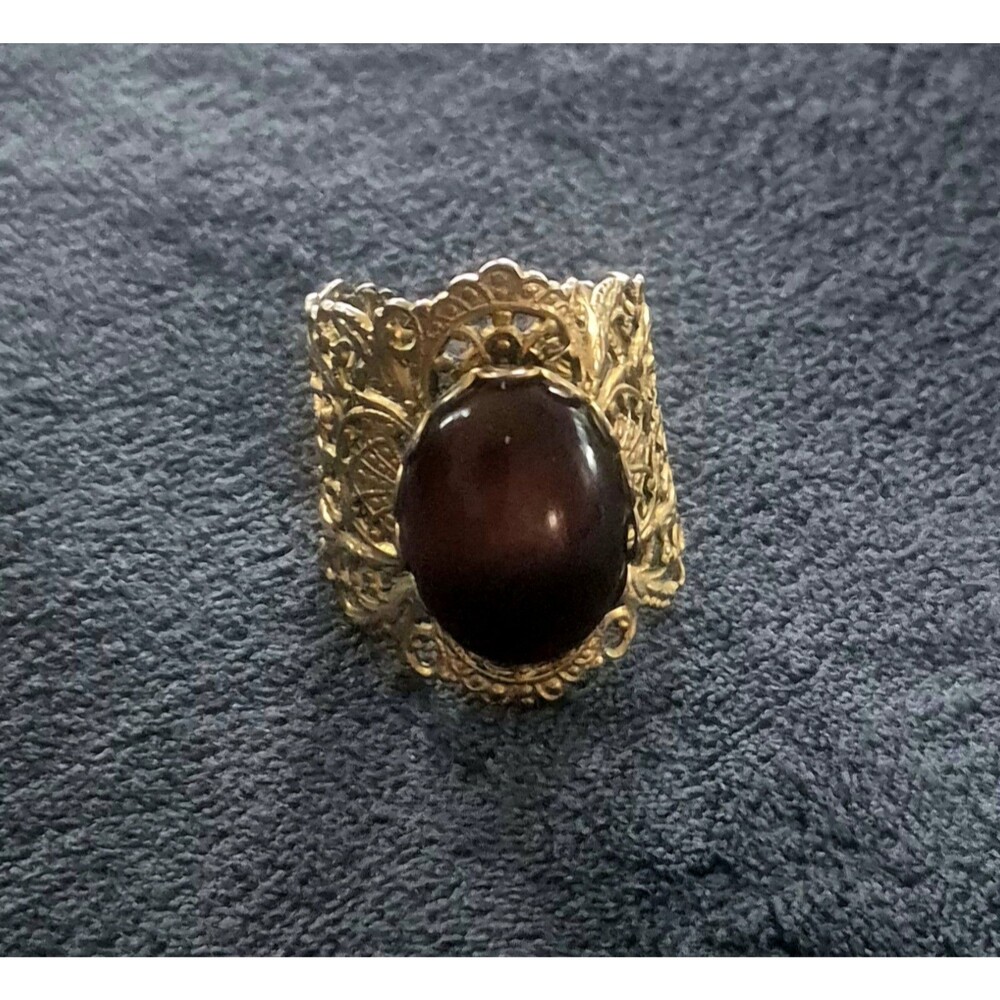 Vtg 1960s Ornate Brass Filigree Cocktail Ring Adjustable Band Faux Tiger Eye